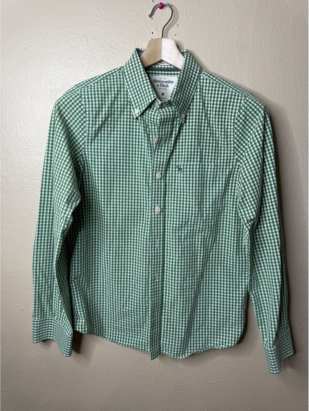 Abercrombie & Fitch Mens M Muscle Fit Green Gingham Cotton Button Up Shirt